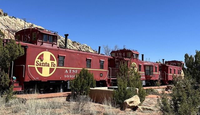 Private Villa with 3 Vintage Santa Fe Cabooses in Cerrillos