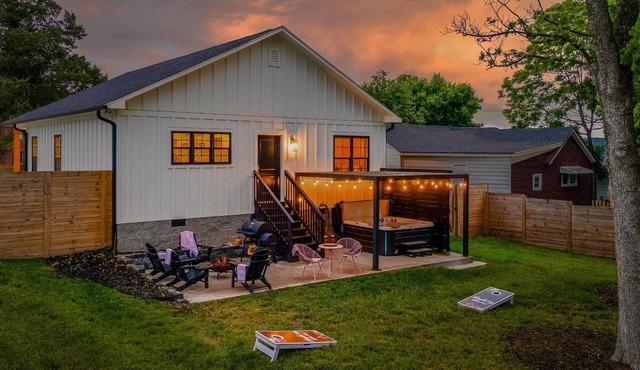 Stroll to Main St | 2 King Beds, Fenced Yard, Hot Tub, Grill, Fire Pit + Games in Mount Airy